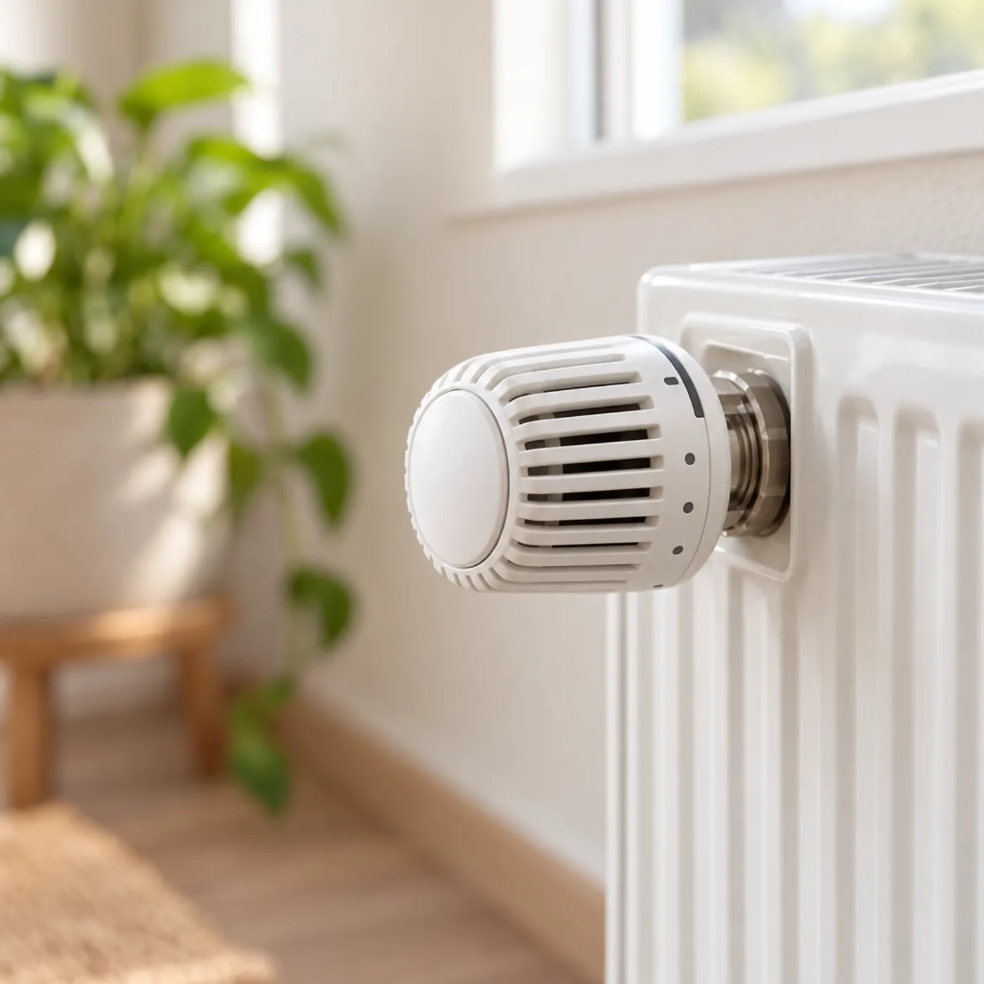 Tête thermostatique blanche sur un radiateur sous une fenêtre